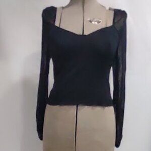 SINCERELY JULES BLACK TOP SATINY FRONT  ELASTIC BACK AND SHEER LONG SLEEVES L